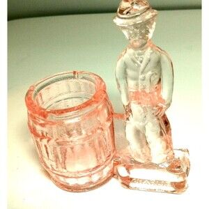 Vintage 3.5" Pink Glass  Man Figural   Match Or Toothpick Holder Container